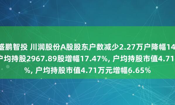 盛鹏智投 川润股份A股股东户数减少2.27万户降幅14.87%, 流通A股户均持股2967.89股增幅17.47%, 户均持股市值4.71万元增幅6.65%
